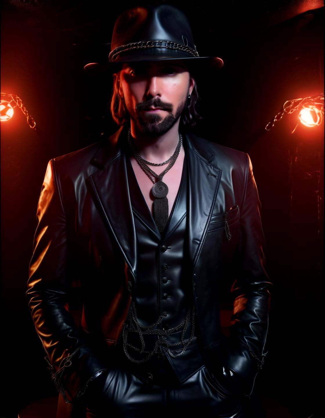 Sophisticated sensual tableaus,  this asmongold wearig a matt black leather suit and a black leather hat,  chains on Tenso...