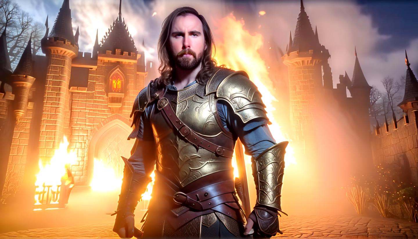 Fantasy Films asmongold as a warrior knight,  like h-Man,  in front of a castle on Tensor.Art