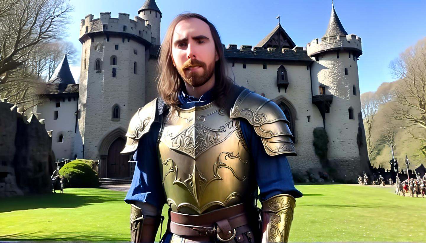 Fantasy Films asmongold as a warrior knight,  in front of a castle,  fantasy world on Tensor.Art