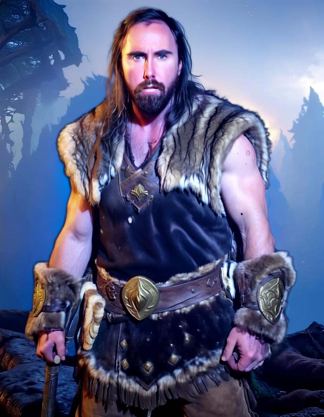 High Fantasy Art asmongold as a barbarian from the game diablo ,  black hair,  clothes made of fur on Tensor.Art