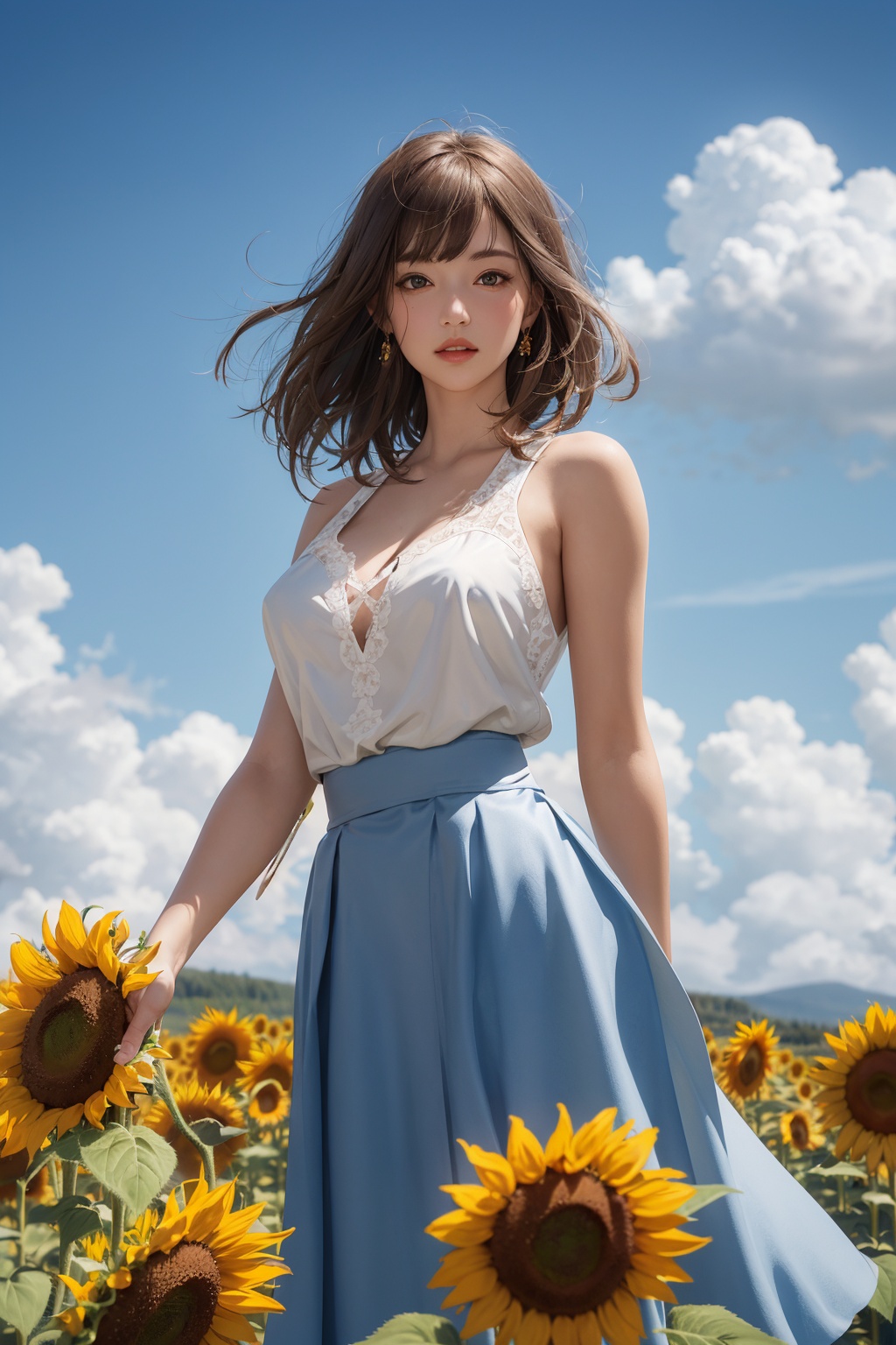 Photo realistic,  a perfect beautiful woman in a white dress standing in a field of sunflowers ,  sweet and beautiful on T...