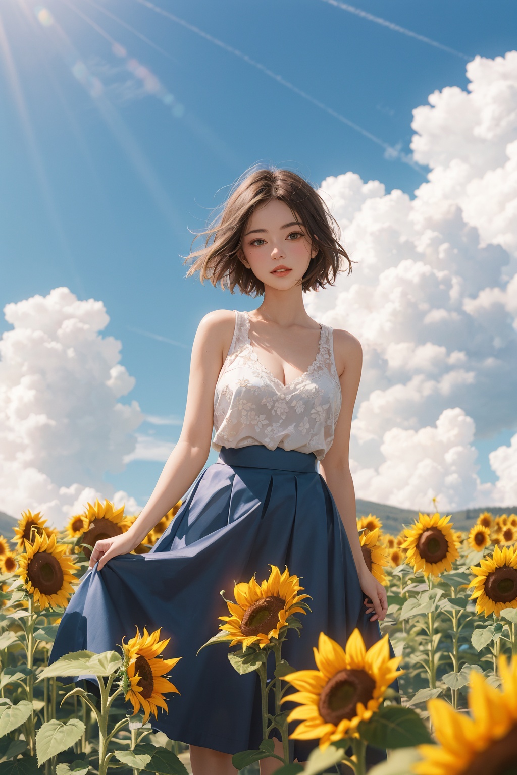 a woman in a white dress standing in a field of sunflowers 1girl,  flower,  solo on Tensor.Art