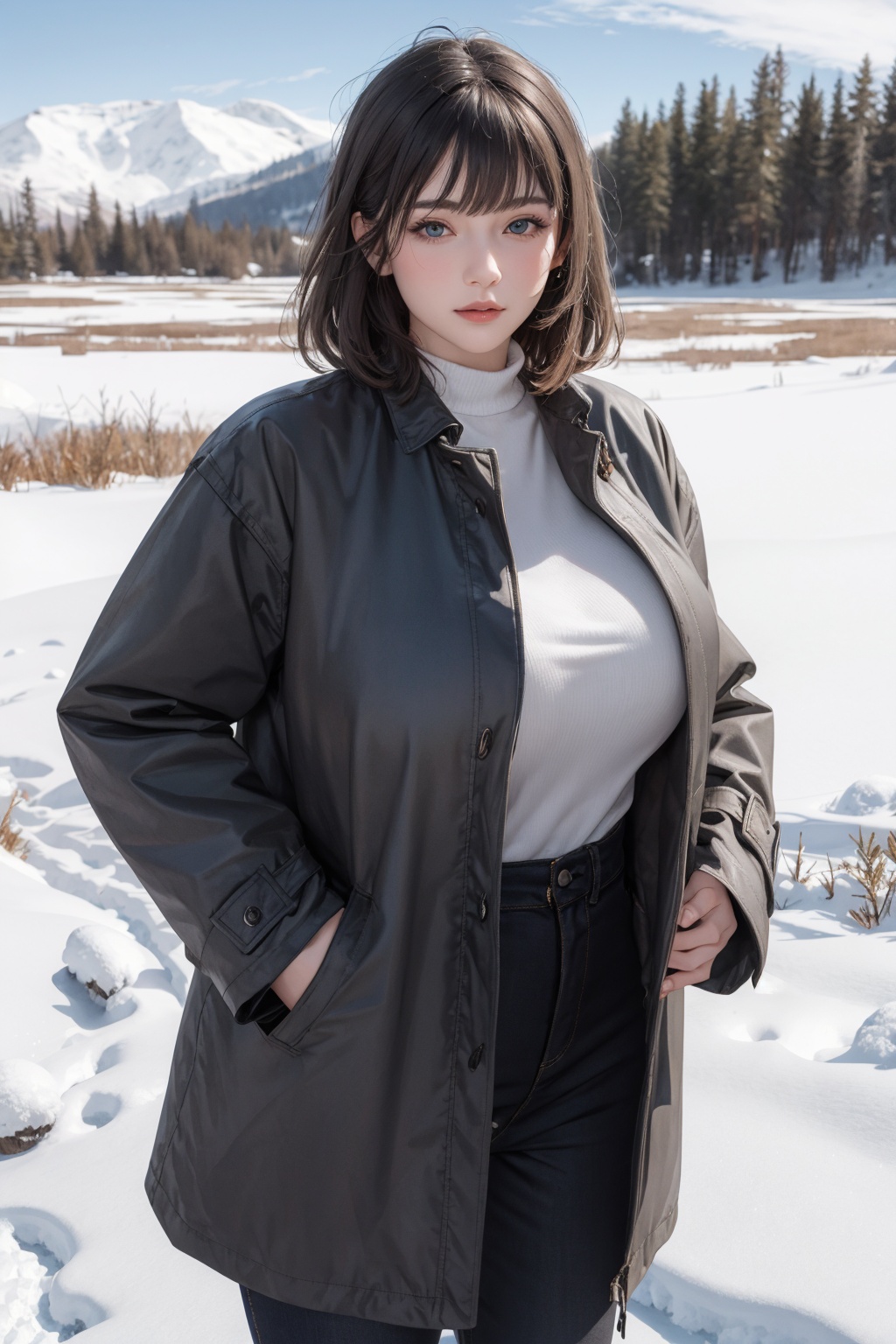 Photo realistic,  sacred,  in coat standing in snow field on Tensor.Art