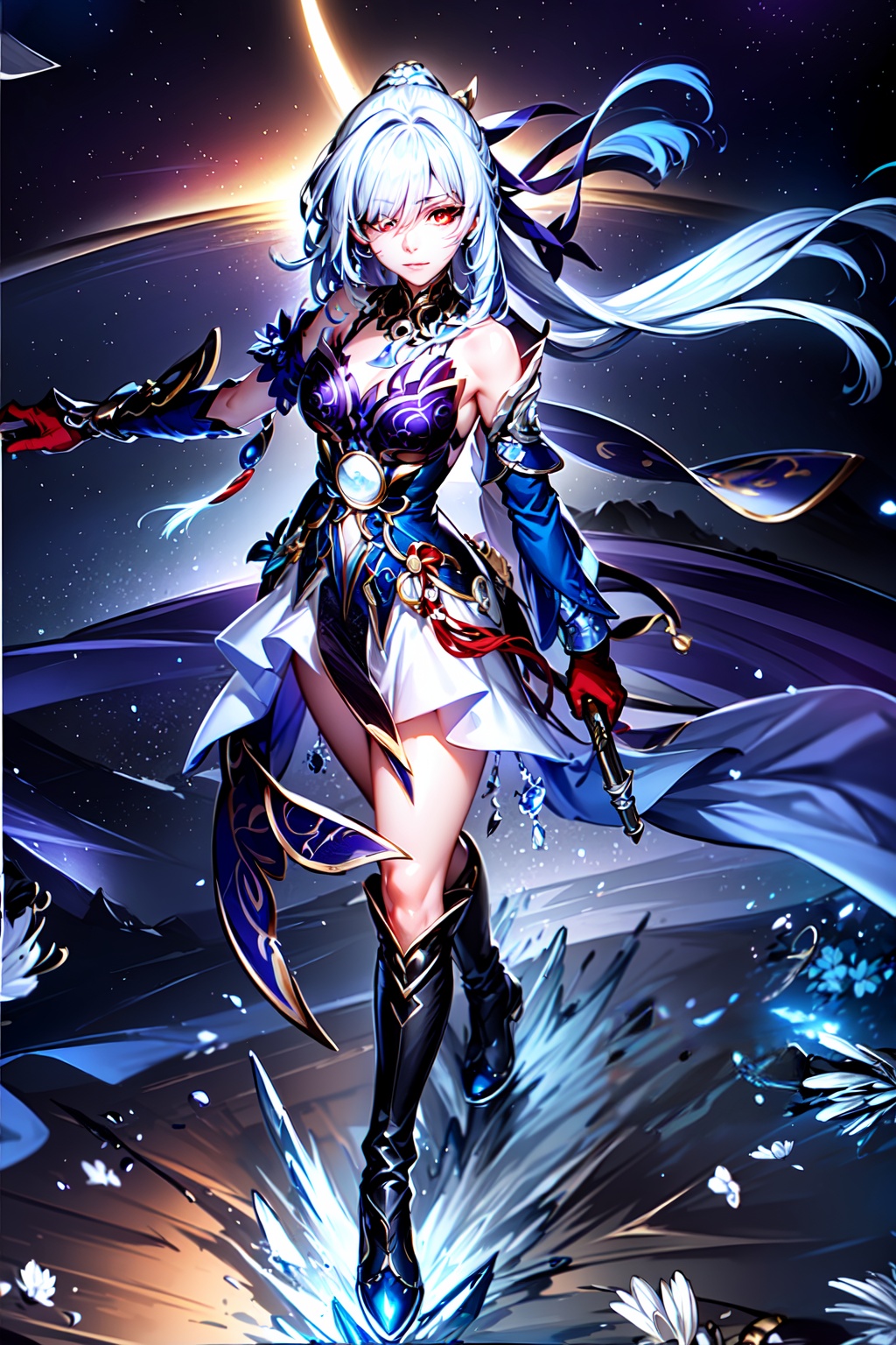 a female character in white dress holding sword and walking on clouds with red hair,  1girl,  holding on Tensor.Art