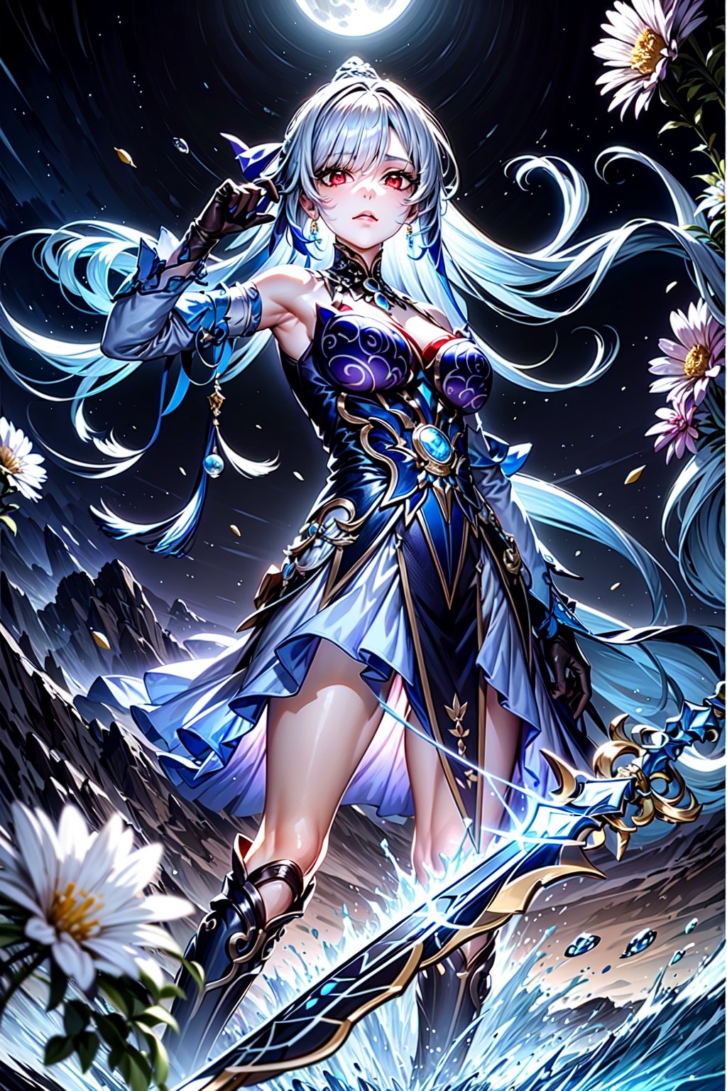 an anime character standing in water surrounded by flowers throwing a shattered sword,  1girl,  moon on Tensor.Art