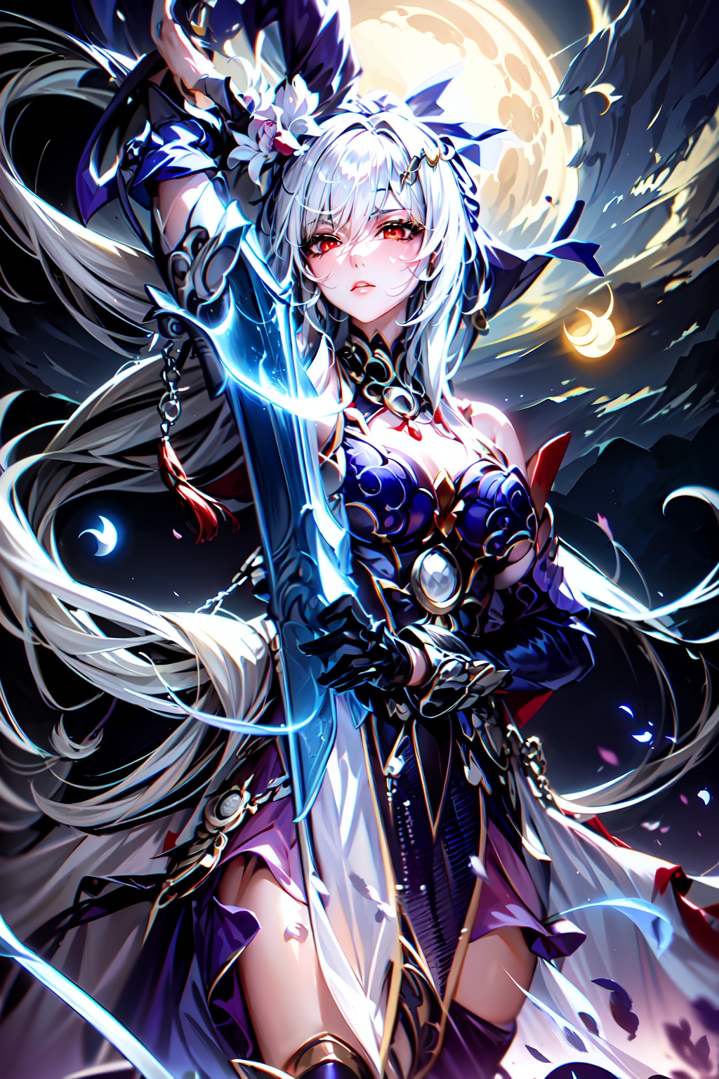 woman dressed in armor holding a sword,  while the moon and stars hover over her,  1girl on Tensor.Art
