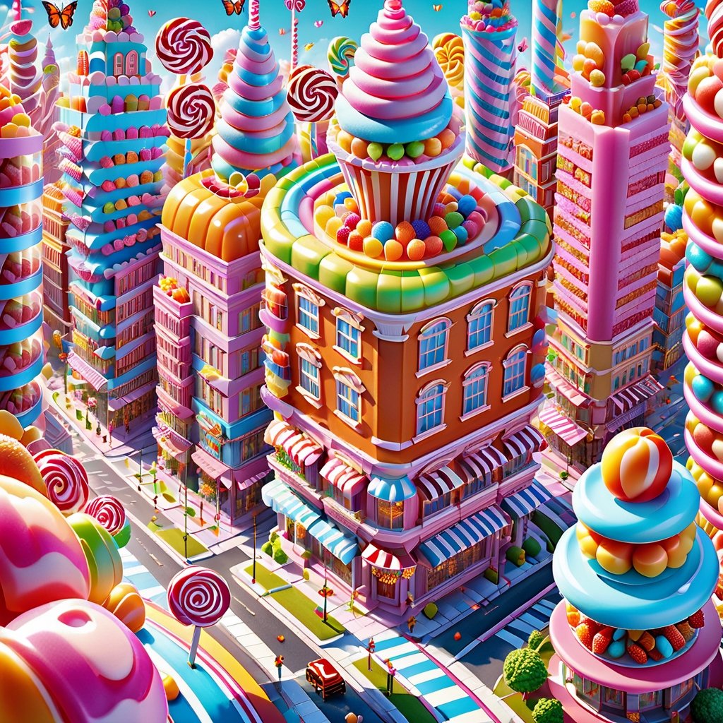 (candy land Explore a candy land realm filled with edible architecture,  where gumdrop skyscrapers rise to dizzying height...