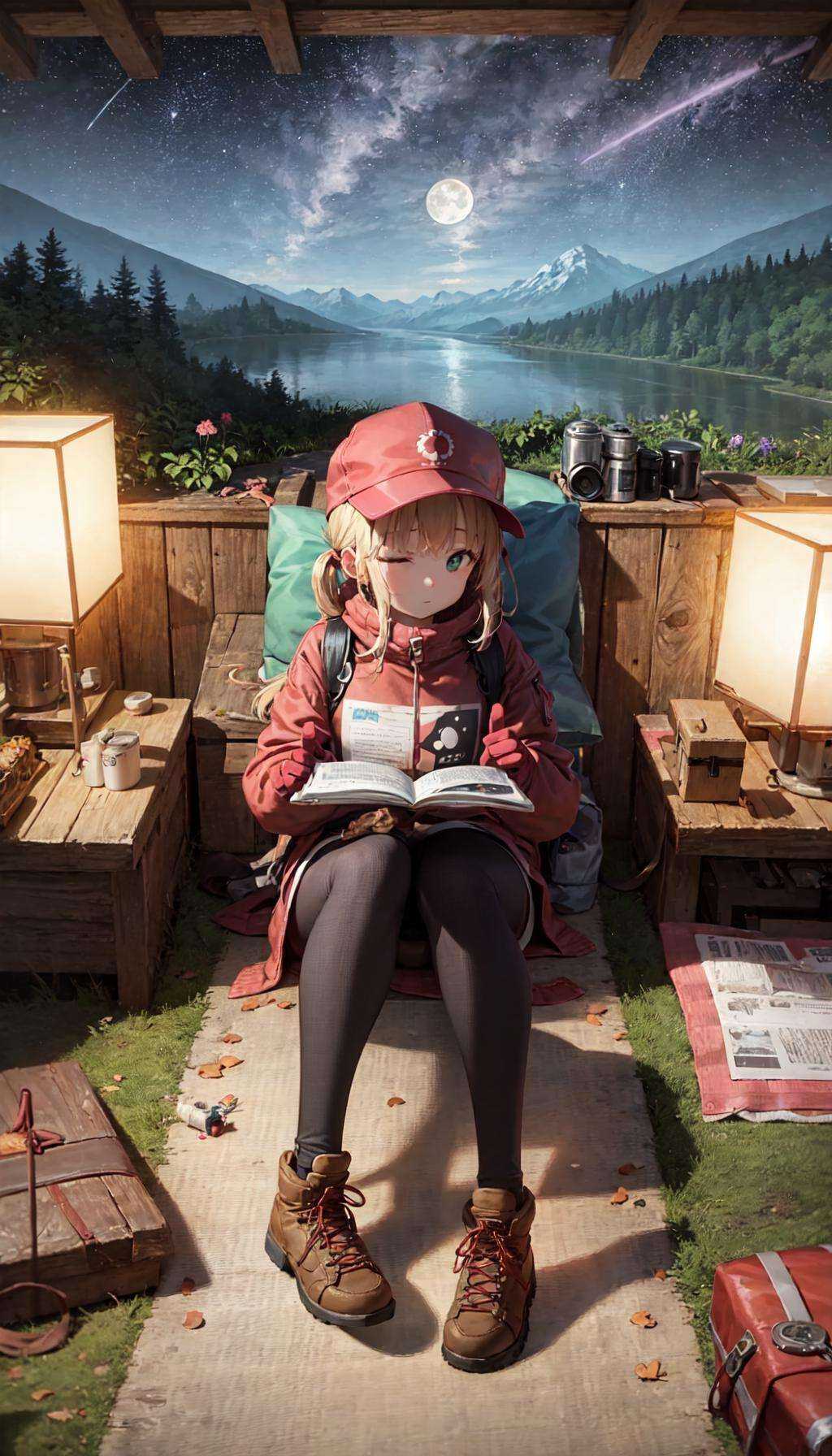 masterpiece, best quality, ultra-detailed, illustration, 1girl, solo, outdoors, camping, night, mountains, nature, stars, moon, tent, twin ponytails, green eyes, cheerful, happy, backpack, sleeping bag, camping stove, water bottle, mountain boots, gloves, sweater, hat, flashlight, forest, rocks, river, wood, smoke, shadows, contrast, clear sky, constellations, Milky Way, peaceful, serene, quiet, tranquil, remote, secluded, adventurous, exploration, escape, independence, survival, resourcefulness, challenge, perseverance, stamina, endurance, observation, intuition, adaptability, creativity, imagination, artistry, inspiration, beauty, awe, wonder, gratitude, appreciation, relaxation, enjoyment, rejuvenation, mindfulness, awareness, connection, harmony, balance, texture, detail, realism, depth, perspective, composition, color, light, shadow, reflection, refraction, tone, contrast, foreground, middle ground, background, naturalistic, figurative, representational, impressionistic, expressionistic, abstract, innovative, experimental, unique