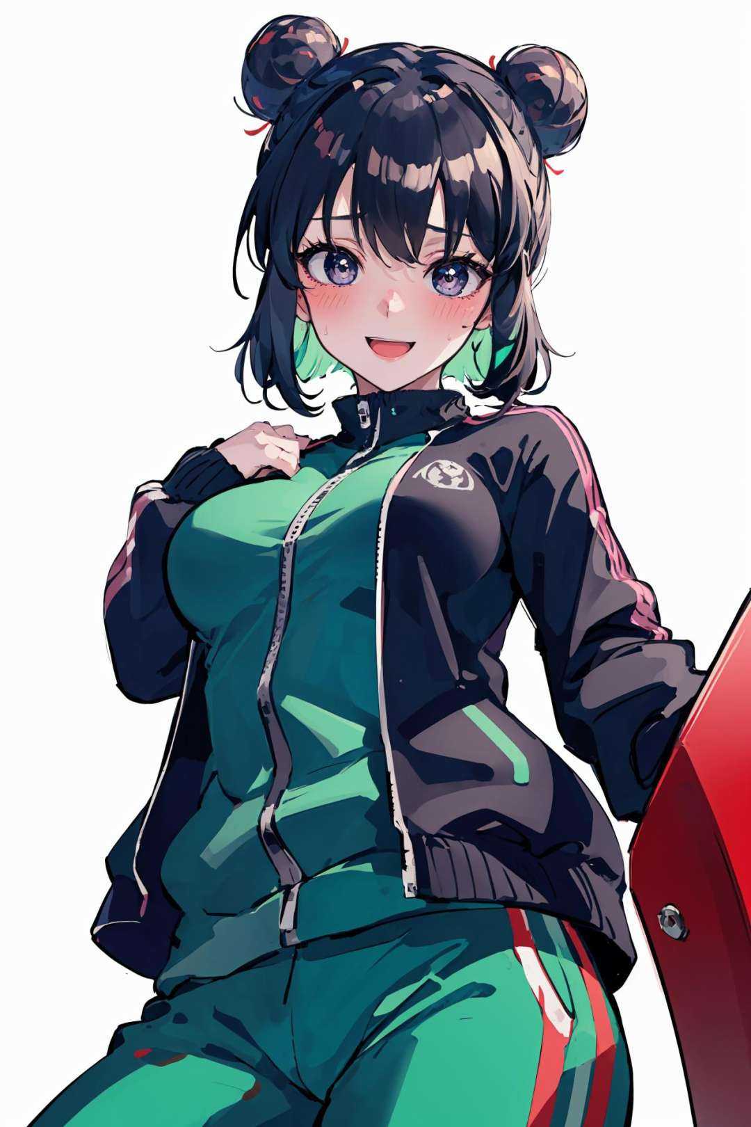 1girl,  solo, breasts, embarrassed,blush,from below,cowboy shot,sweat,bangs,green track suit, smile,white background,  looking at viewer,  <lora:kuromiya-000008:0.8>  <lora:flat2:0.2>