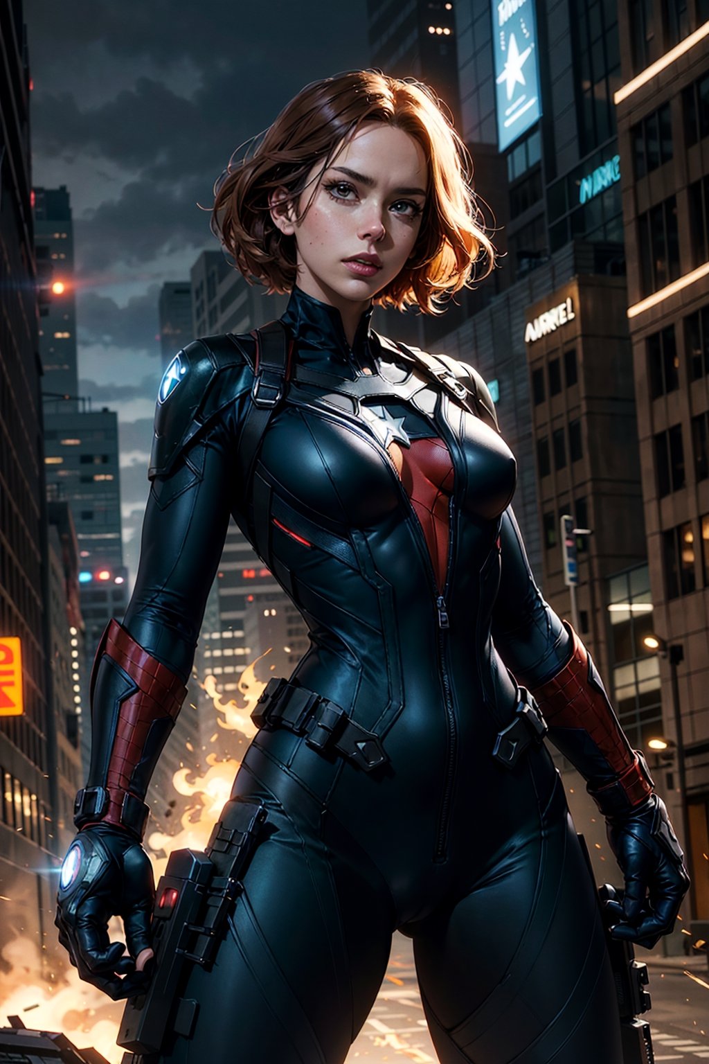 cowboy shot of black widow,  black bodysuit,  combat suit on Tensor.Art