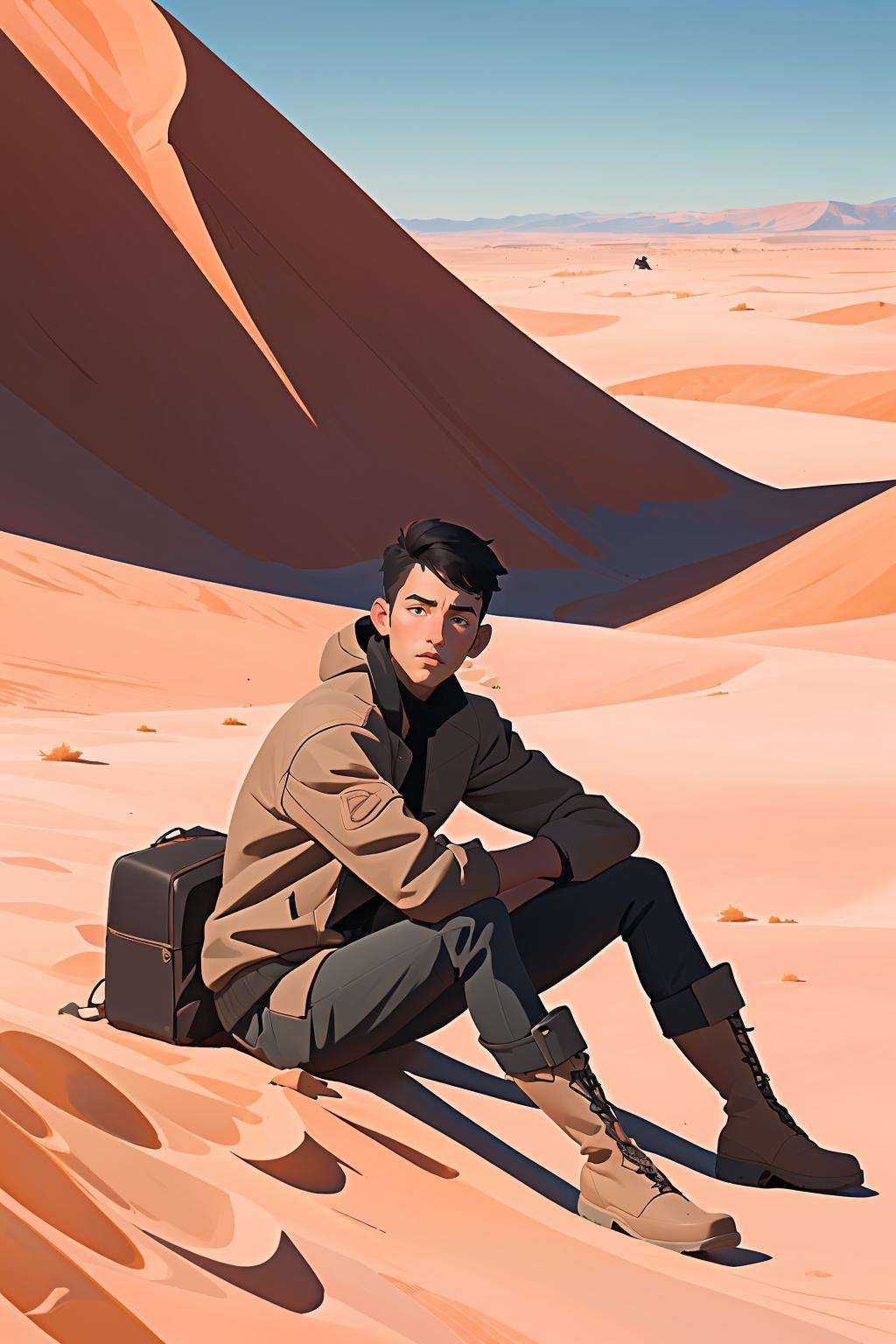 (best quality, masterpiece), 1boy, traveler, desert, shwal, sitting, jacket, boots, 