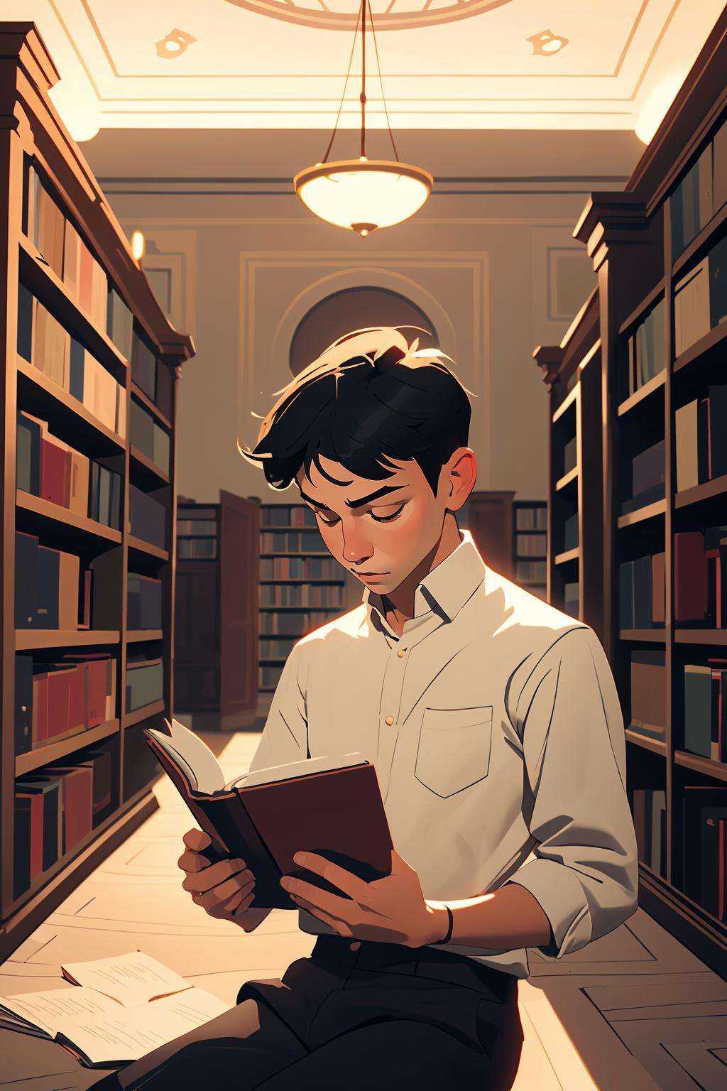 (best quality, masterpiece), 1boy, reading, library, 