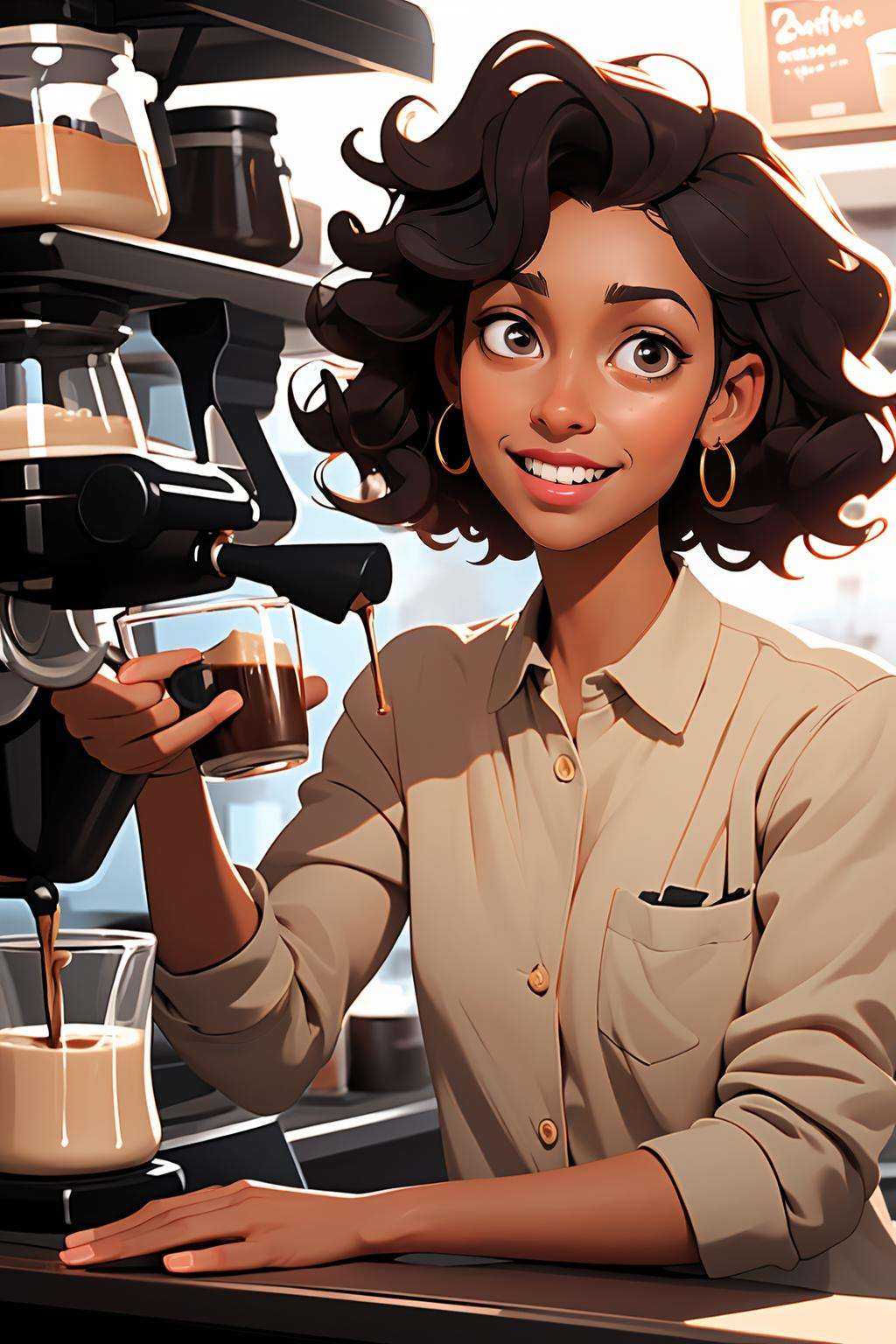 (best quality, masterpiece), black girl, happy, coffee, curly hair, barista, 