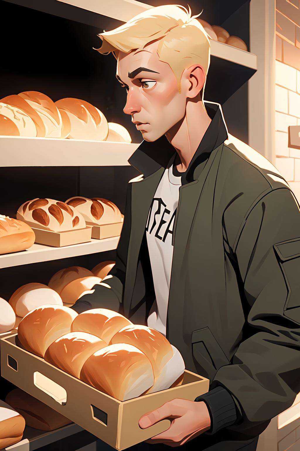 (best quality, masterpiece), 1boy, blonde, jacket, buying bread, 
