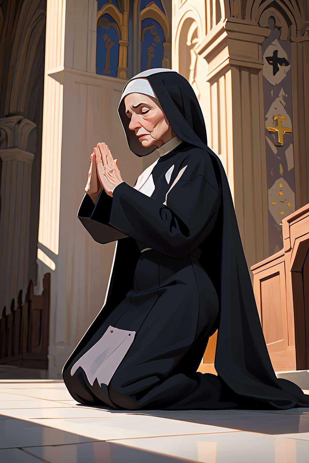 (best quality, masterpiece), old woman, nun, praying, cathedral, 
