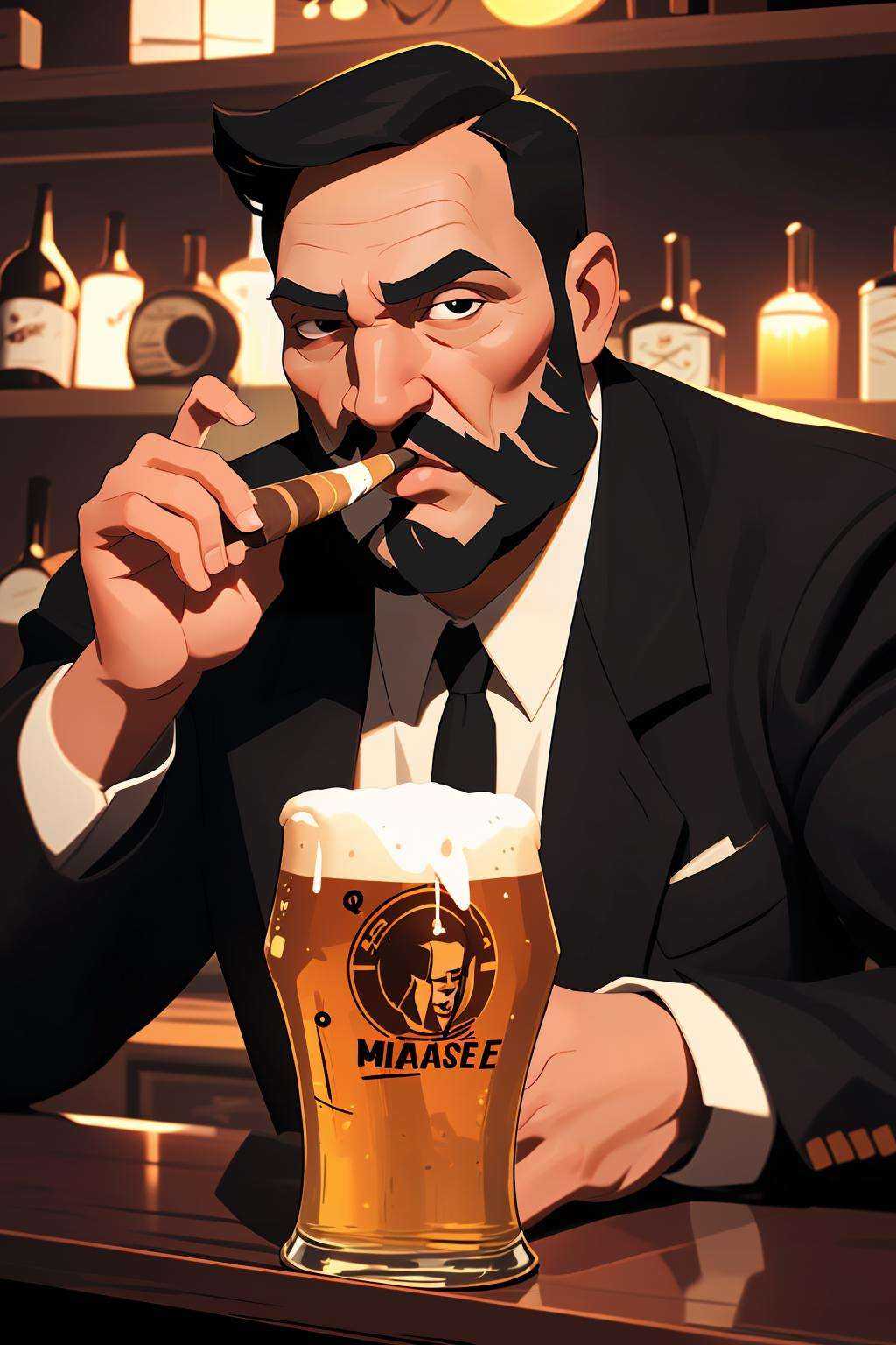 (best quality, masterpiece), beared man, holding cigar, bar, beer, 