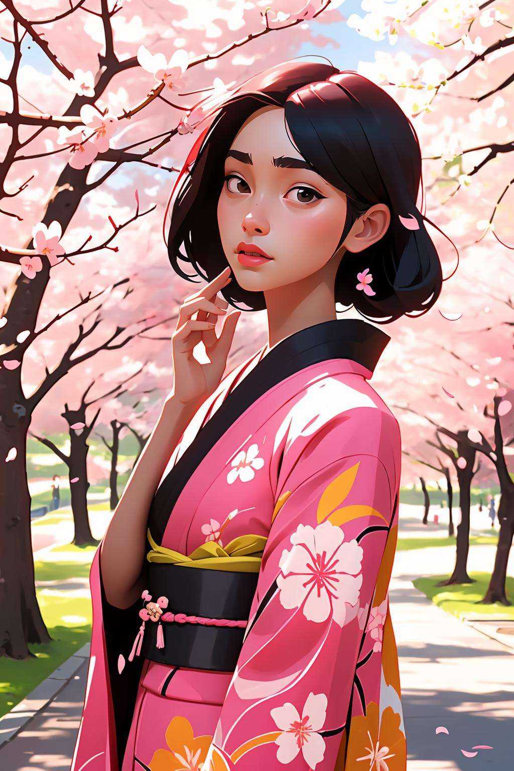 (best quality, masterpiece), 1girl, kimono, cherry blossoms, 