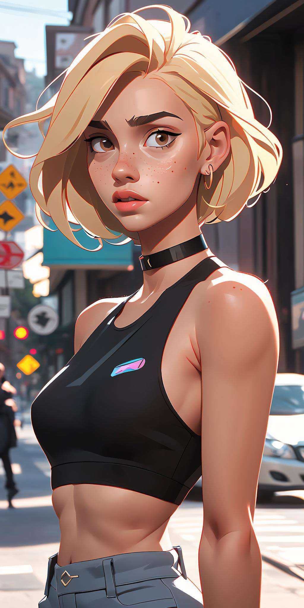 (best quality, masterpiece), 1girl, blonde, freckles, crop top, choker, looking at viewer, upper body, blurry, earrings, street,