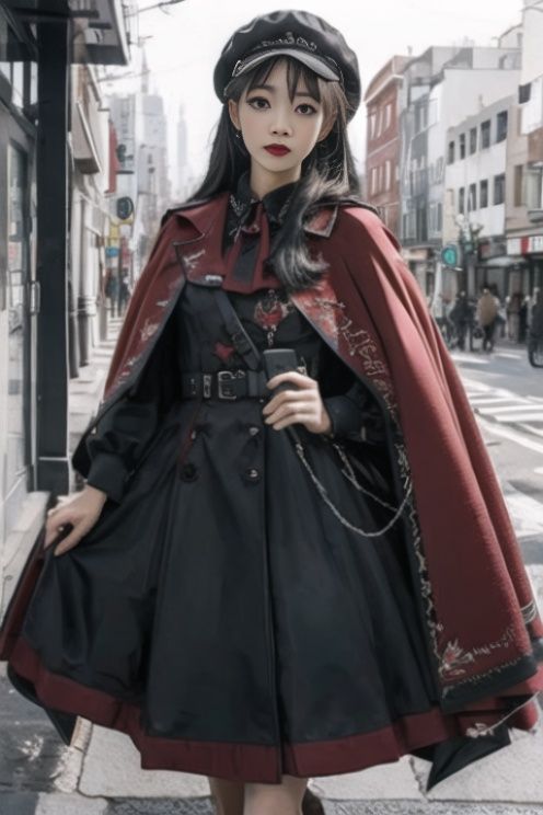 1girl, military style lolita,red,cape,walking, outdoors, city, looking at viewer, forward, <lora:militarystylelolita_v2:0.8>