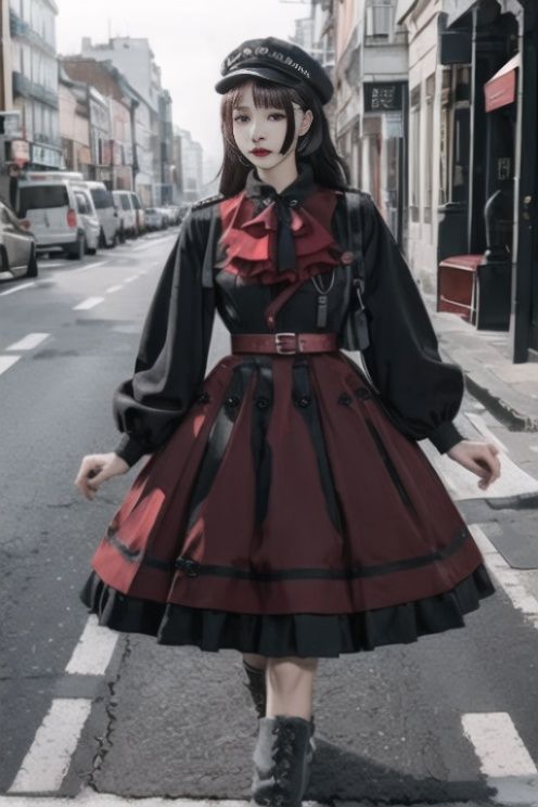 1girl, military style lolita,red,walking, outdoors, city, looking at viewer, forward, <lora:militarystylelolita_v2:0.8>