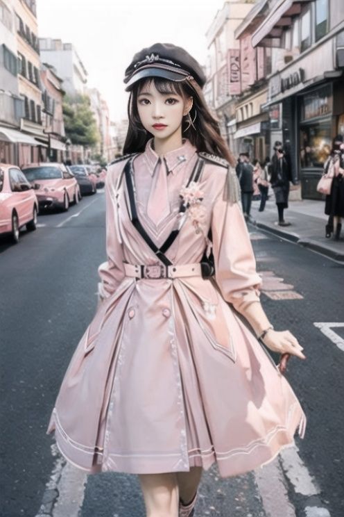1girl, military style lolita,pink,walking, outdoors, city, looking at viewer, forward, <lora:militarystylelolita_v2:0.9>