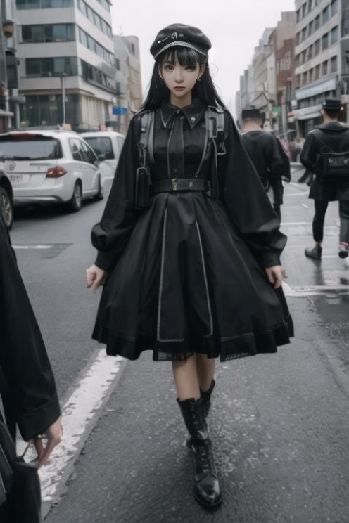 1girl, military style lolita,black,walking, outdoors, city, looking at viewer, forward, <lora:militarystylelolita_v2:0.8>
