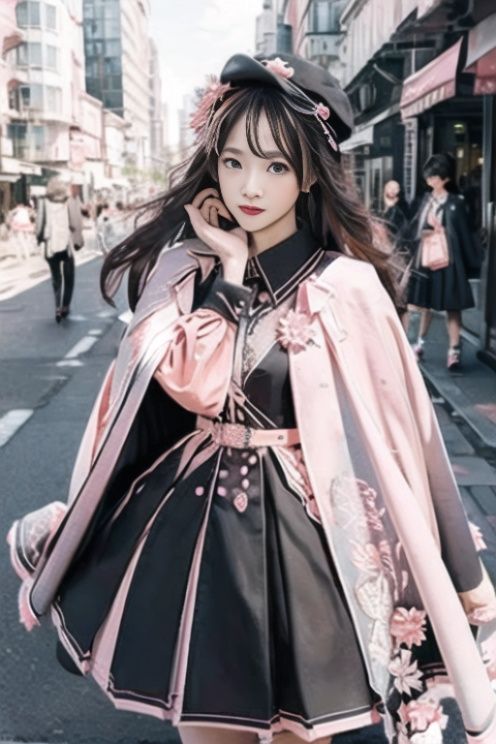 1girl, military style lolita,pink,cape,walking, outdoors, city, looking at viewer, forward, <lora:militarystylelolita_v2:0.9>