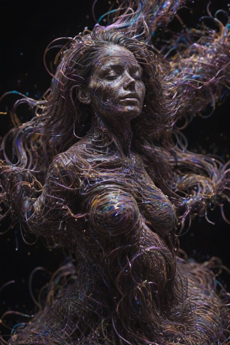 arafed image of a woman with a very long hair,  chaotic swirling ferrofluids,  dribbble 8k on Tensor.Art