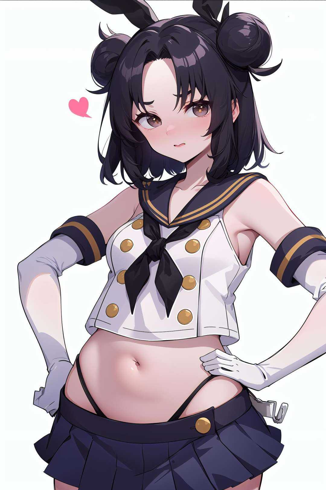 origin, outfit-shimacos,(white background),black hair, 1girl,hands on hips, solo, blush,embarrassed,, cowboy shot,