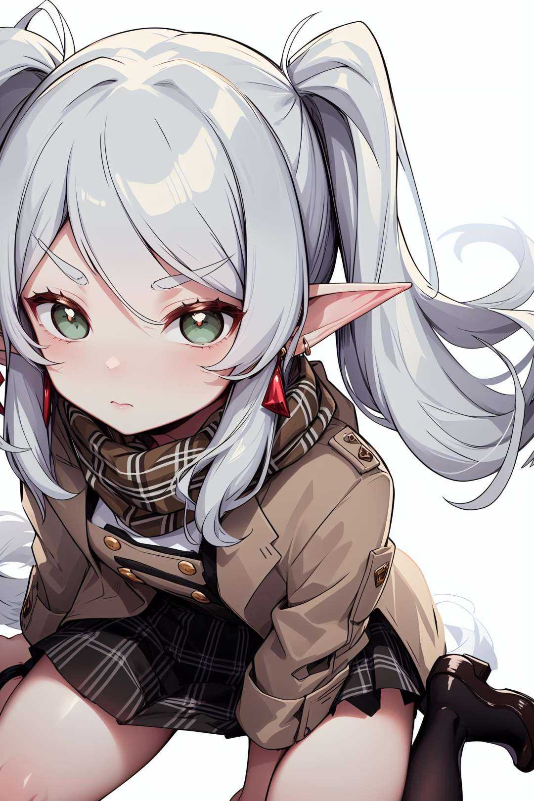 (white background), perfect face, detailed face,  full-face blush, blank stare,...,air bubble, thighs,, frieren, 1girl, wariza,long hair, pointy ears, twintails, jewelry, elf, earrings,beige scarf,brown coat,plaid skirt,suspender skirt,alternate legwear, parted bangs, 