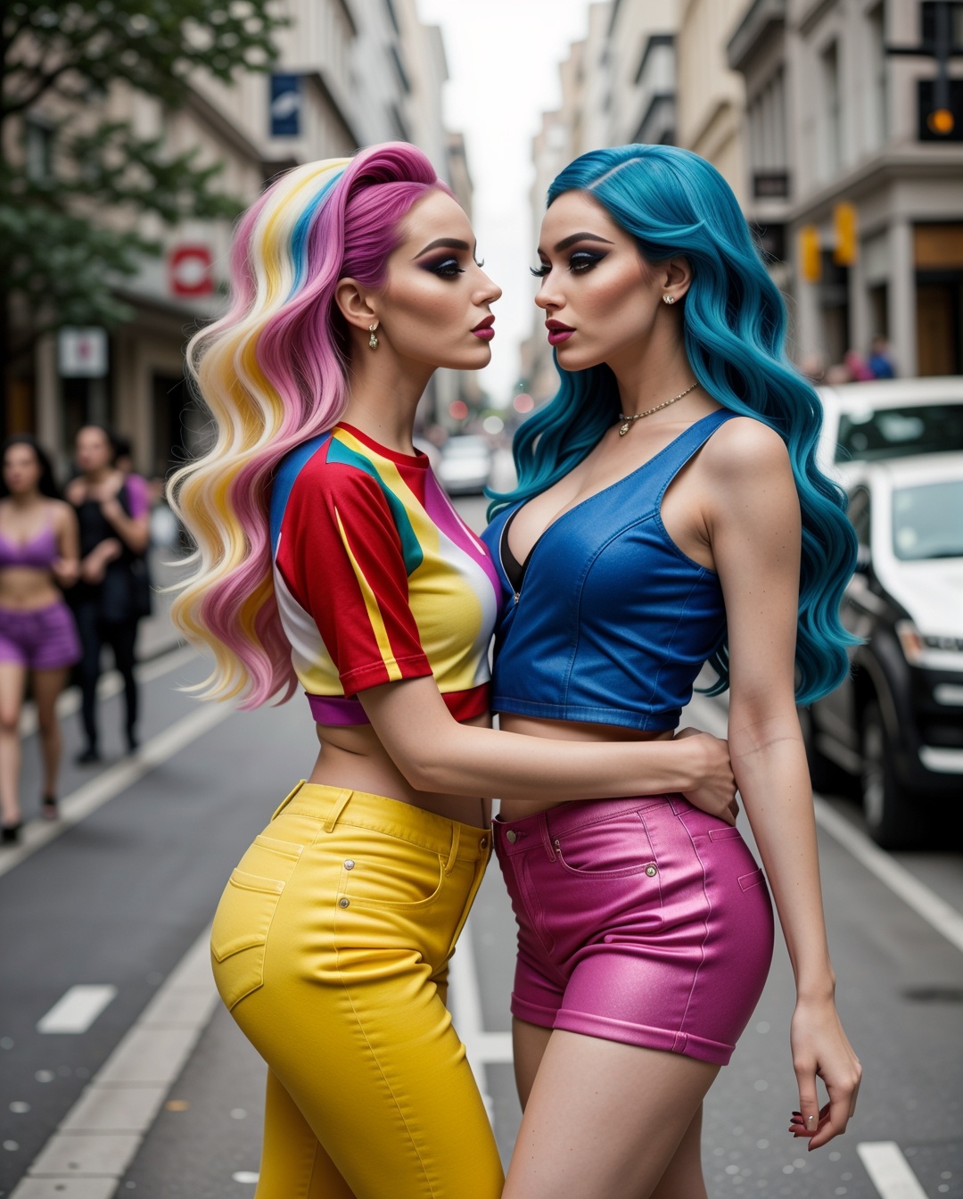 couple of gorgeous queer models kissing at street,  inspired by Victoria Francés,  inspired by Judy Cassab on Tensor.Art