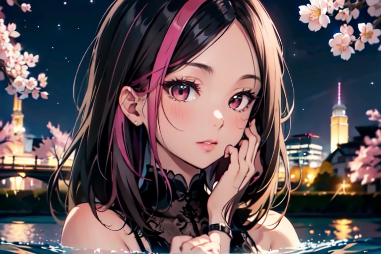 epic view of night under the milky way,  a sakura tree besides a flowing water,  side_view on Tensor.Art