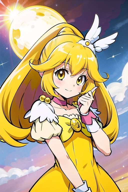 a woman in a yellow dress and a hat with a bird on her head,  symphogear,  anime girl named lucy on Tensor.Art