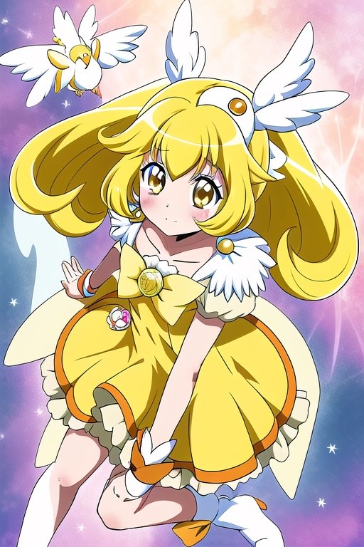 a woman in a yellow dress and a hat with a bird on her head,  symphogear,  anime girl named lucy on Tensor.Art
