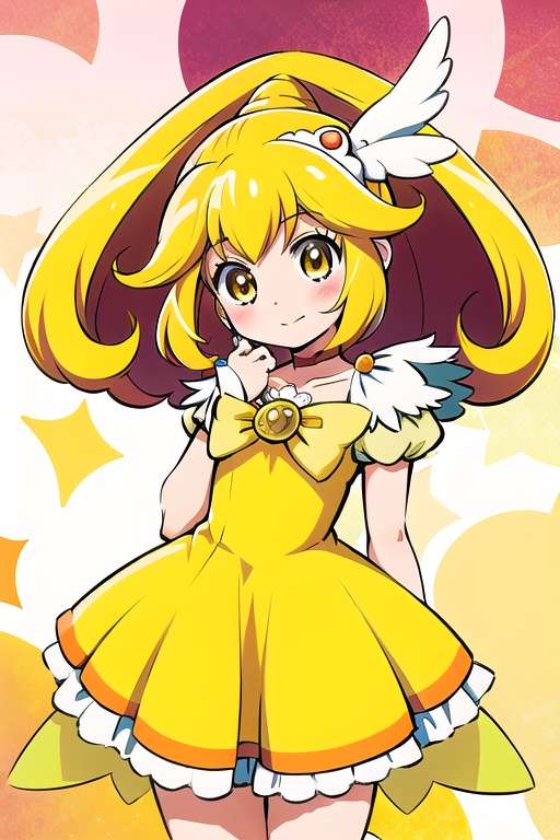 a woman in a yellow dress and a hat with a bird on her head,  symphogear,  anime girl named lucy on Tensor.Art