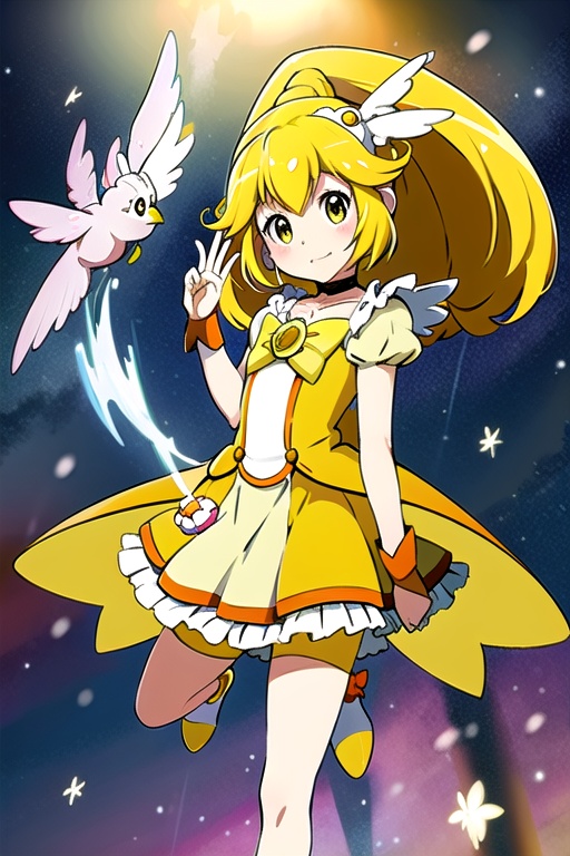 a girl in a yellow dress and a hat with a bird on her head,  symphogear,  anime girl named lucy on Tensor.Art