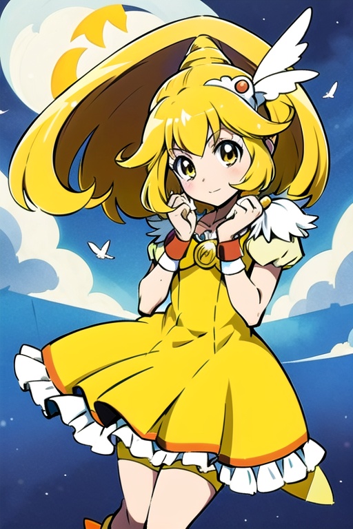 a woman in a yellow dress and a hat with a bird on her head,  symphogear,  anime girl named lucy on Tensor.Art