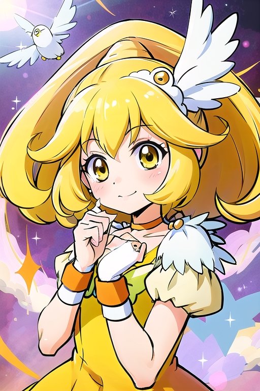 a woman in a yellow dress and a hat with a bird on her head,  symphogear,  anime girl named lucy on Tensor.Art