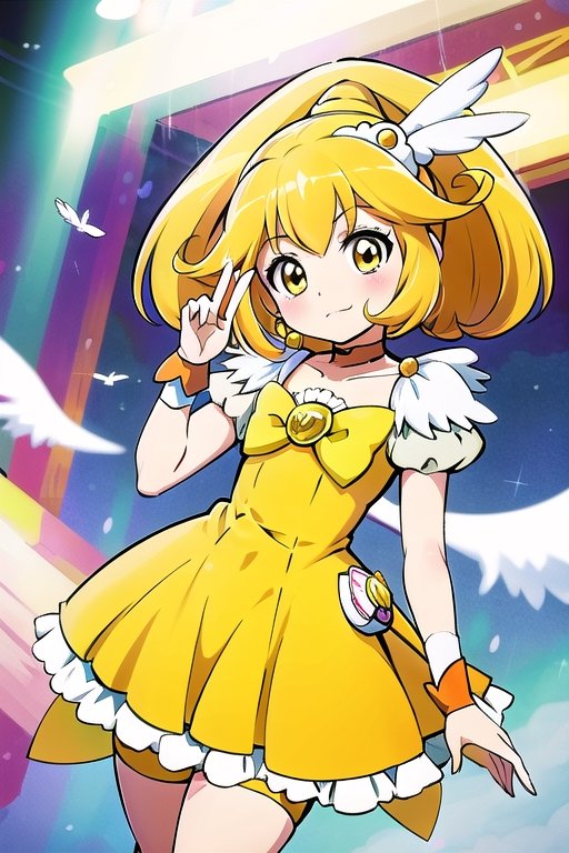 a woman in a yellow dress and a hat with a bird on her head,  symphogear,  anime girl named lucy on Tensor.Art