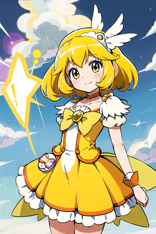 a woman in a yellow dress and a hat with a bird on her head,  symphogear,  anime girl named lucy on Tensor.Art