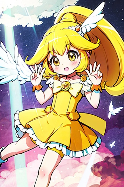 a woman in a yellow dress and a hat with a bird on her head,  symphogear,  anime girl named lucy on Tensor.Art