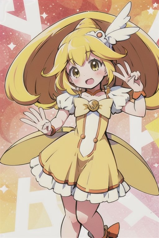 a woman in a yellow dress and a hat with a bird on her head,  symphogear,  anime girl named lucy on Tensor.Art