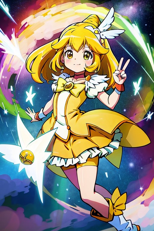 a woman in a yellow dress and a hat with a bird on her head,  symphogear,  anime girl named lucy on Tensor.Art