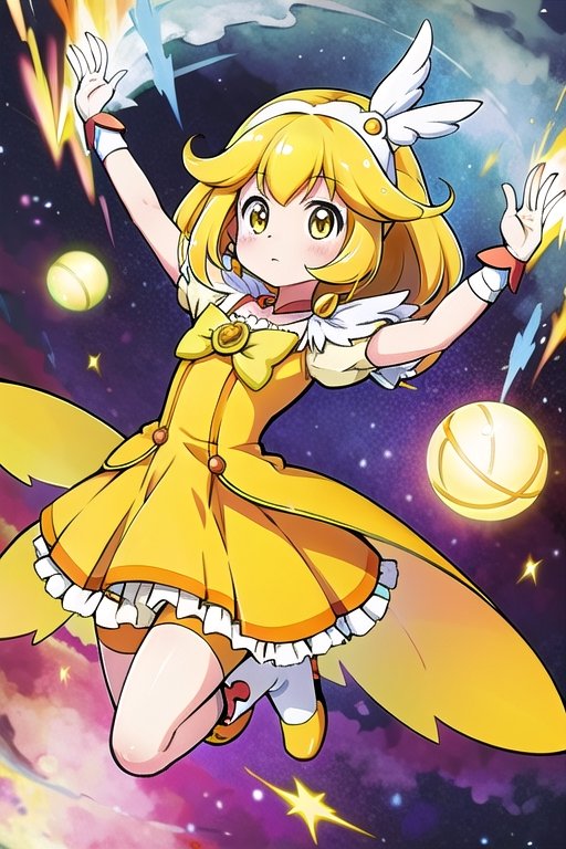 a woman in a yellow dress and a hat with a bird on her head,  symphogear,  anime girl named lucy on Tensor.Art