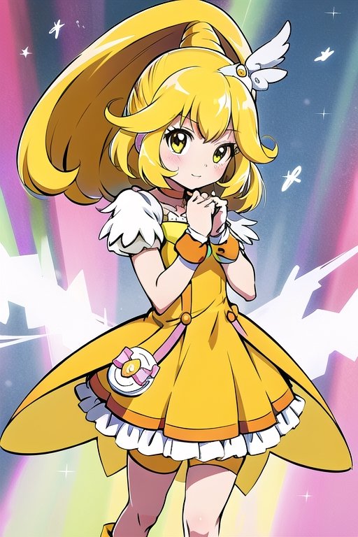 a woman in a yellow dress and a hat with a bird on her head,  symphogear,  anime girl named lucy on Tensor.Art