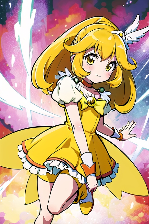 a woman in a yellow dress and a hat with a bird on her head,  symphogear,  anime girl named lucy on Tensor.Art