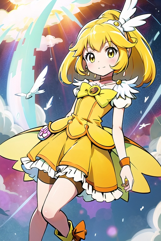 a woman in a yellow dress and a hat with a bird on her head,  symphogear,  anime girl named lucy on Tensor.Art