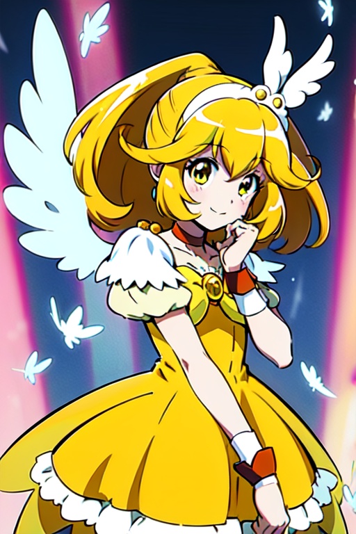 a woman in a yellow dress and a hat with a bird on her head,  symphogear,  anime girl named lucy on Tensor.Art