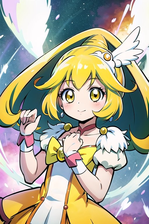 a woman in a yellow dress and a hat with a bird on her head,  symphogear,  anime girl named lucy on Tensor.Art