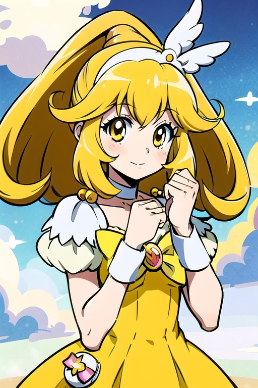 a woman in a yellow dress and a hat with a bird on her head,  symphogear,  anime girl named lucy on Tensor.Art